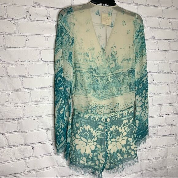 Chaser Boho Blue Silk Chiffon Floral Tapestry Bell Sleeve Fringe Romper - Picture 12 of 16